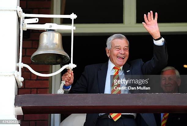 Retired international cricket umpire Dickie Bird rings the five minute bell prior to the start of play during day one of the 1st Investec Test match...