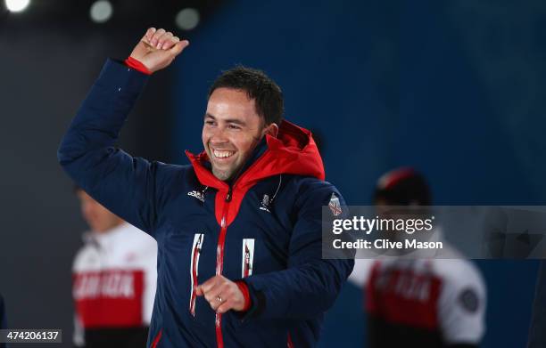 Silver medalist David Murdoch of Great Britain celebrates during the medal ceremony for Men's Curling on Day 15 of the Sochi 2014 Winter Olympics at...