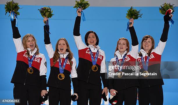 Gold medalists Jennifer Jones, Kaitlyn Lawes, Jill Officer, Dawn McEwen and Kirsten Wall of Canada celebrate during the medal ceremony for Women's...