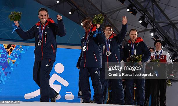 Silver medalists David Murdoch, Greg Drummond, Scott Andrews, Michael Goodfellow and Tom Brewster of Great Britain celebrate during the medal...