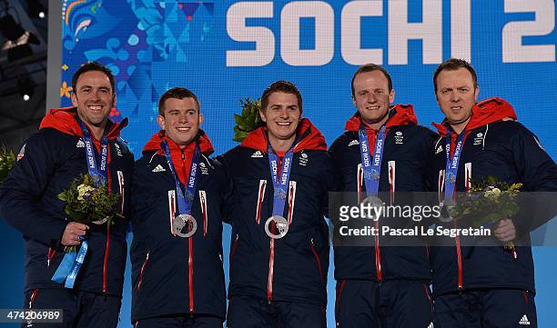 Silver medalists David Murdoch, Greg Drummond, Scott Andrews, Michael Goodfellow and Tom Brewster of Great Britain celebrate during the medal...