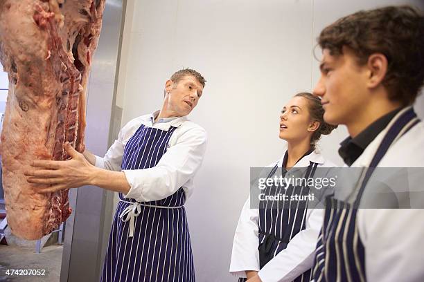 master butcher teaching apprentices in a meat wholesaler butcher's shop. - butcher stock pictures, royalty-free photos & images