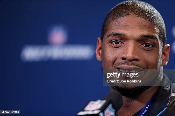 Former Missouri defensive lineman Michael Sam speaks to the media during the 2014 NFL Combine at Lucas Oil Stadium on February 22, 2014 in...