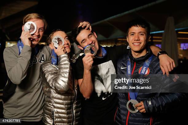 Olympians JR Celski, Eduardo Alvarez, Jordan Malone and Christopher Creveling visit the USA House in the Olympic Village on February 22, 2014 in...