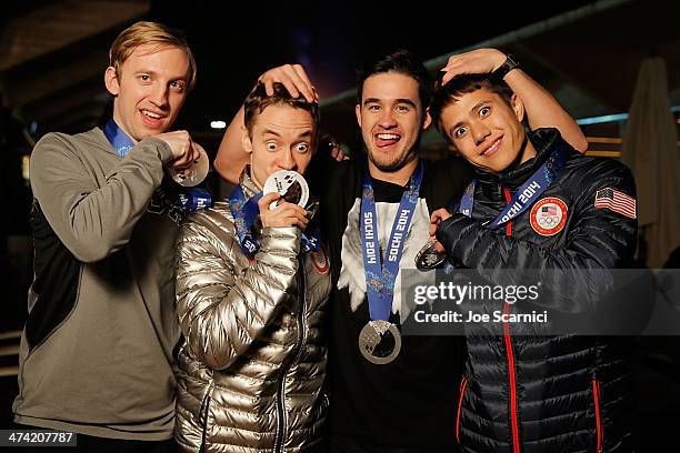 Olympians JR Celski, Eduardo Alvarez, Jordan Malone and Christopher Creveling visit the USA House in the Olympic Village on February 22, 2014 in...