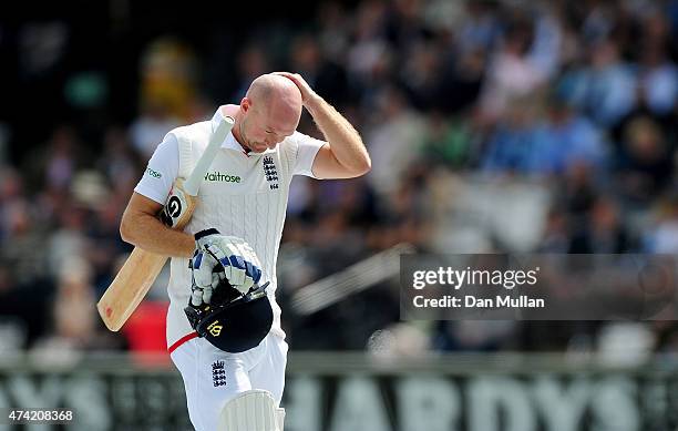 Adam Lyth of England leaves the field dejected after being dismissed by Tim Southee of New Zealand during day one of the 1st Investec Test match...