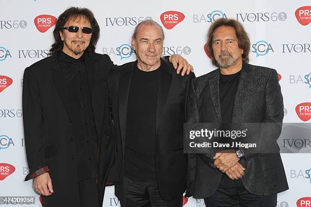 Black Sabbath: L-R- Tony Iommi, Bill Ward and Geezer Butler attends the Ivor Novello Awards at The Grosvenor House Hotel on May 21, 2015 in London,...