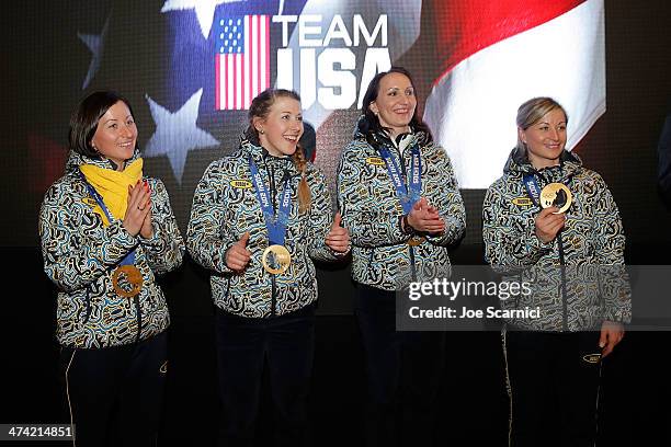 Ukraine Olympians Vita Semerenko, Juliya Dzhyma, Olena Pidhrushna and Valj Semerenko visit the USA House in the Olympic Village on February 22, 2014...