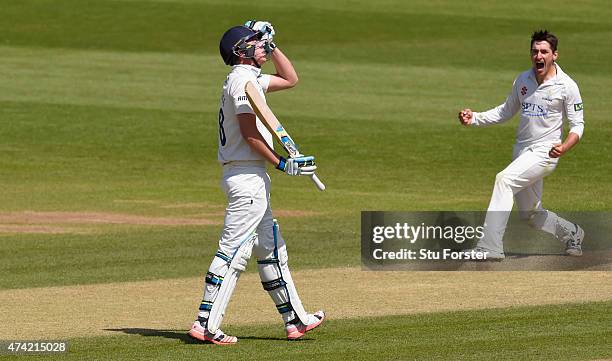 Essex batsman Daniel Lawrence reacts after being dismissed by Glamorgan bowler Andrew Salter who celebrates during day four of the Division Two LV...