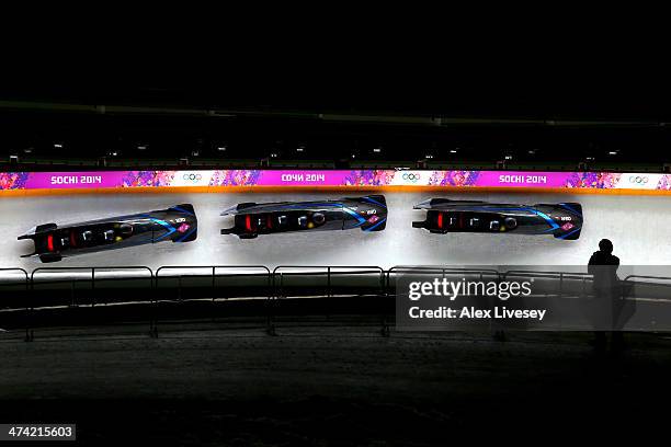 Pilot Maximilian Arndt, Marko Huebenbecker, Alexander Roediger and Martin Putze of Germany team 1 make a run during the Men's Four Man Bobsleigh...