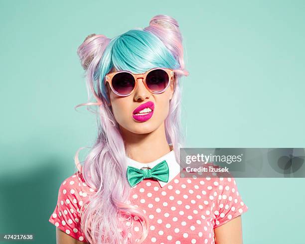 pink hair manga style girl grimacing - pink haired girls bildbanksfoton och bilder