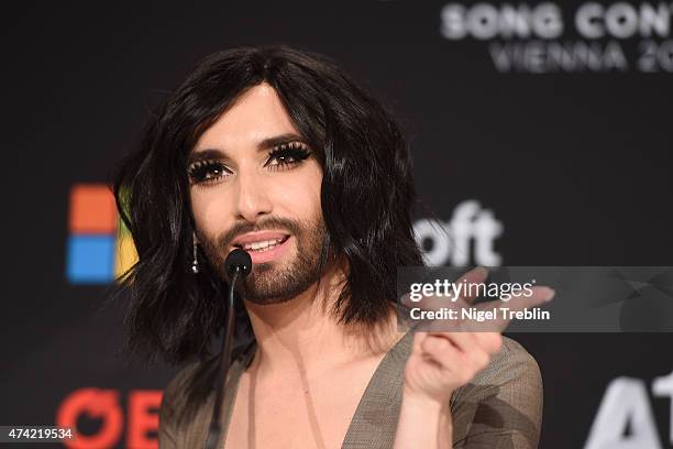 Conchita Wurst is pictured during a press conference ahead of the Eurovision Song Contest 2015 on May 21, 2015 in Vienna, Austria. The final of the...