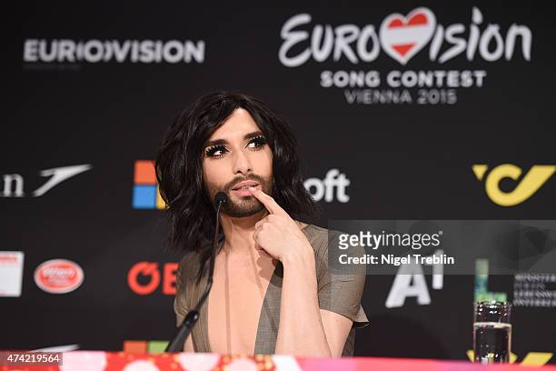 Conchita Wurst is pictured during a press conference ahead of the Eurovision Song Contest 2015 on May 21, 2015 in Vienna, Austria. The final of the...