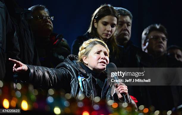 Former Ukrainian Prime Minister Yulia Tymoshenko addresses the crowd in Independence Square after being freed from prison on February 22, 2014 in...