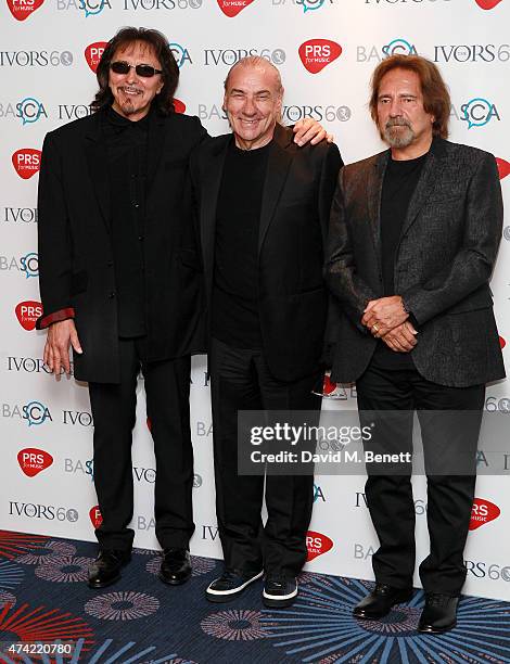 Tony Iommi, Bill Ward and Geezer Butler attend the 2015 Ivor Novello Awards at The Grosvenor House Hotel on May 21, 2015 in London, England.