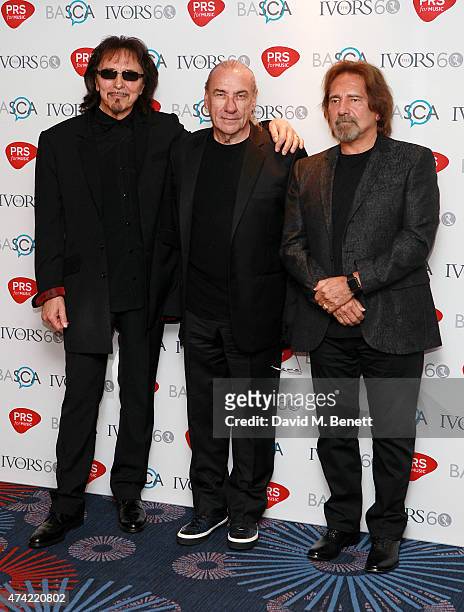 Tony Iommi, Bill Ward and Geezer Butler attend the 2015 Ivor Novello Awards at The Grosvenor House Hotel on May 21, 2015 in London, England.