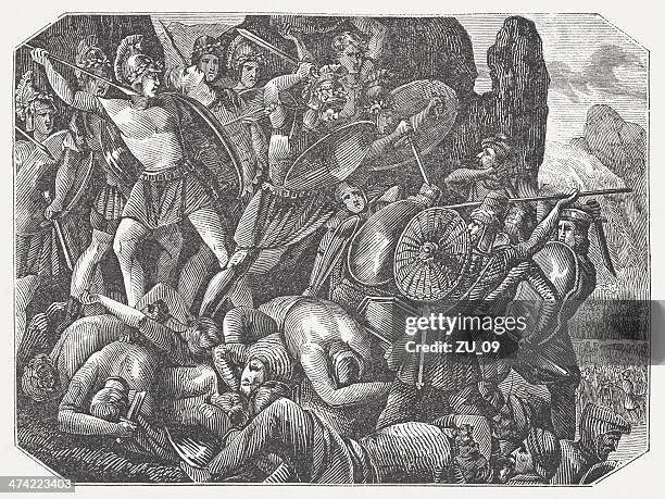 stockillustraties, clipart, cartoons en iconen met multi-day battle of thermopylae (480 bc), wood engraving, published 1864 - sparta greece