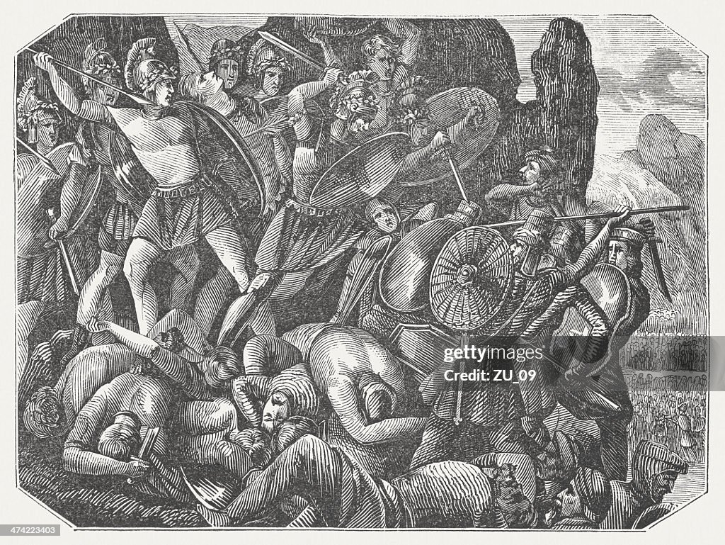 Multi-day Battle of Thermopylae (480 BC), wood engraving, published 1864