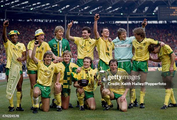 The victorious Norwich City team after beating Sunderland 1-0 in the League Cup Final, sponsored by the Milk Marketing Board, at Wembley Stadium,...