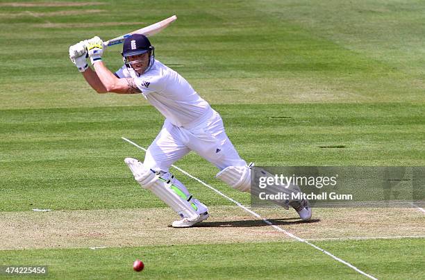 Ben Stokes of England hits the ball for four runs during the England v New Zealand 1st Investec Test match, day one at Lords Cricket Ground, on May...