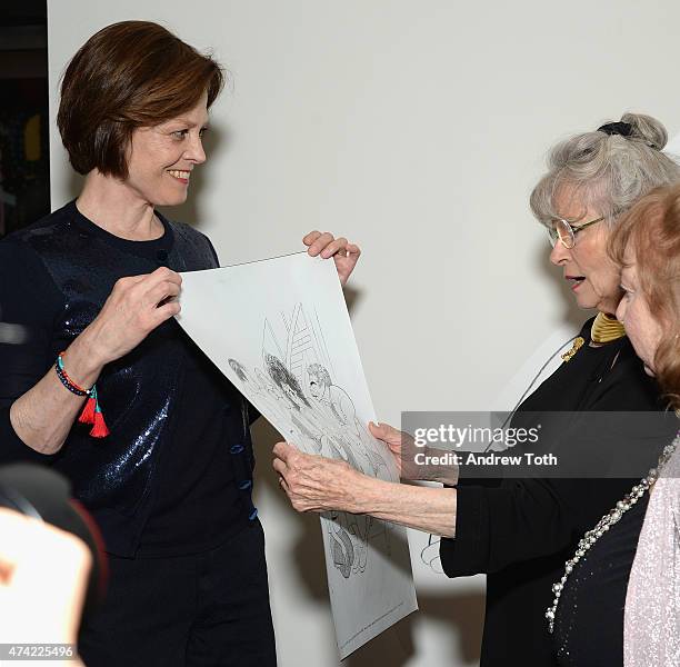 Sigourney Weaver, Louise Kerz Hirschfeld and Nina Hirschfeld West attend The Hirschfeld Century: The Art of Al Hirschfeld Reception at New-York...