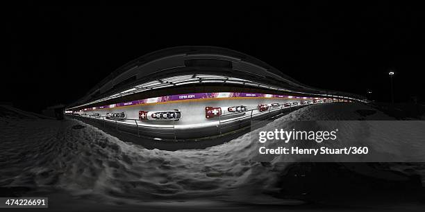 Pilot Beat Hefti, Alex Baumann, Juerg Egger and Thomas Lamparter of Switzerland team 1 make a run during the Men's Four Man Bobsleigh heats on Day 15...