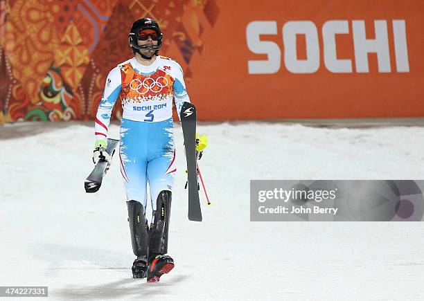 Gold medalist Mario Matt of Austria celebrates after crossing the line during the Men's Slalom during day 15 of the Sochi 2014 Winter Olympics at...