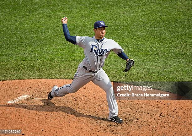 Ernesto Frieri of the Tampa Bay Rays pitches against the Minnesota Twins on May 16, 2015 at Target Field in Minneapolis, Minnesota. The Twins...