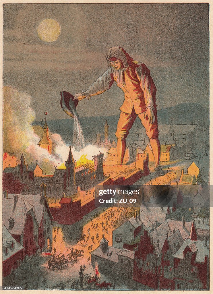 Gulliver extinguishes the fire of the Royal Palace of Lilliput