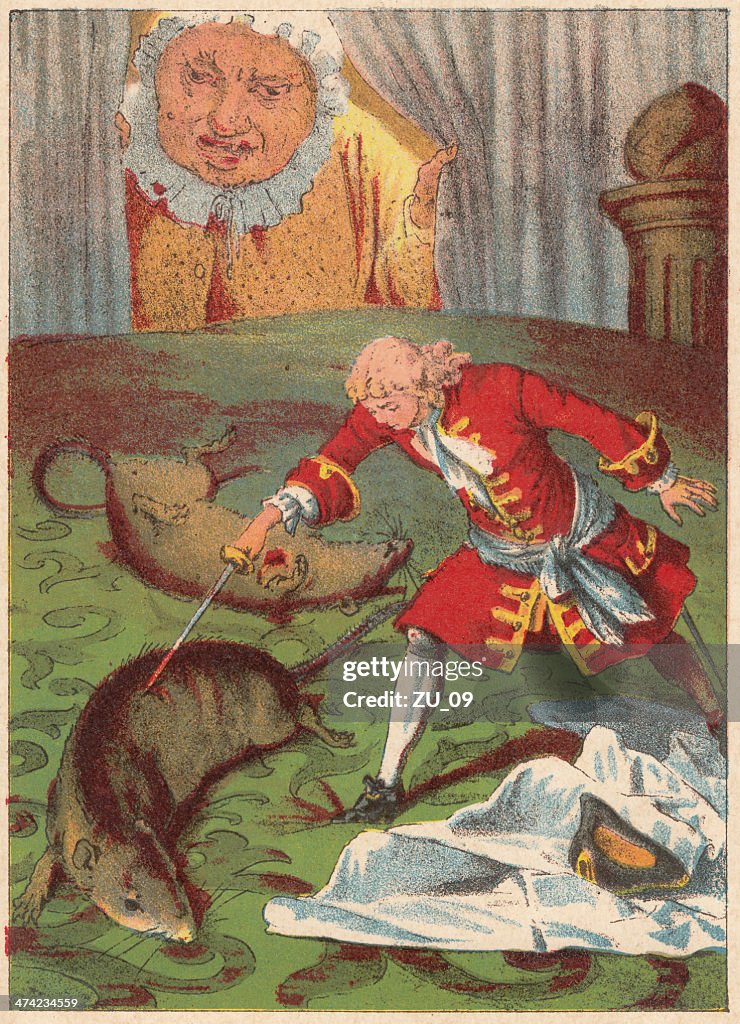 Gulliver fights against rats, lithograph, published in 1882
