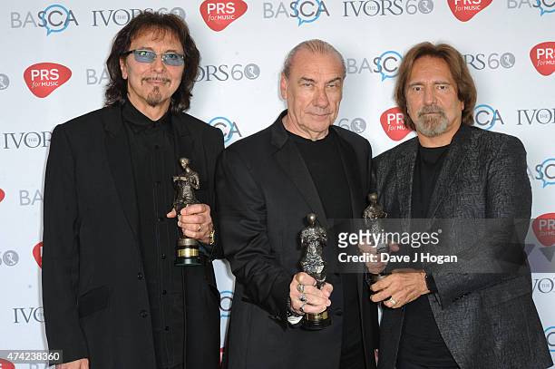 Black Sabbath with the award for Lifetime Achievement at the Ivor Novello Awards at The Grosvenor House Hotel on May 21, 2015 in London, England.
