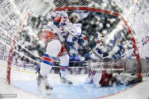 Keith Yandle and Henrik Lundqvist of the New York Rangers defend against the Tampa Bay Lightning in Game Three of the Eastern Conference Finals...