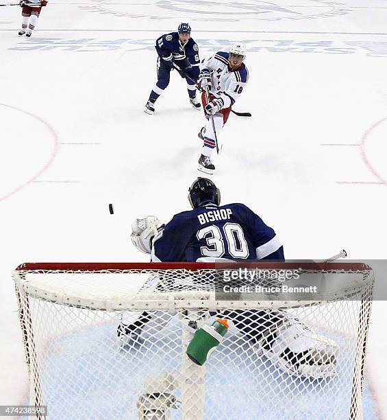 Marc Staal of the New York Rangers takes the shot against Ben Bishop of the Tampa Bay Lightning in Game Three of the Eastern Conference Finals during...