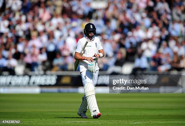 Joe Root of England leaves the field dejected after being dismissed on 98 during day one of the 1st Investec Test match between England and New...