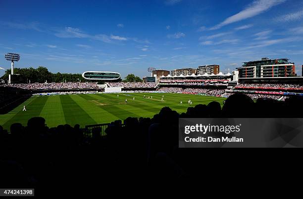 General view of play during day one of the 1st Investec Test match between England and New Zealand at Lord's Cricket Ground on May 21, 2015 in...
