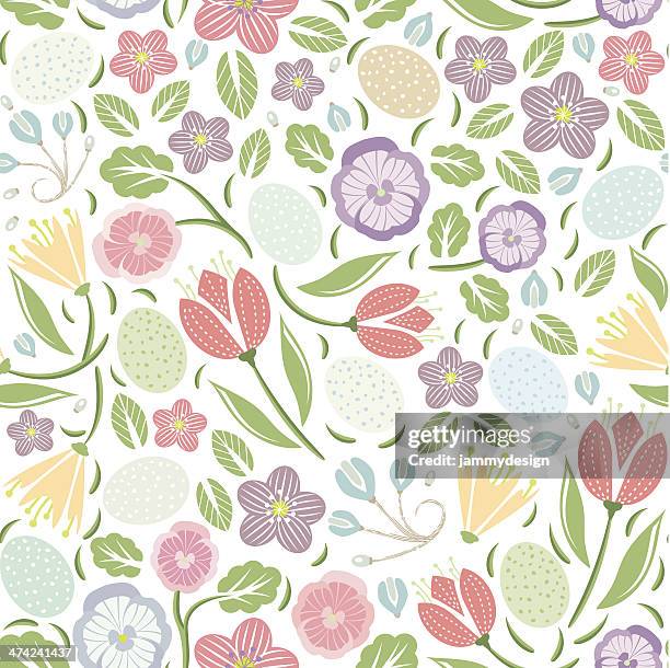 woodland easter eggs and flowers pattern - pansy stock illustrations