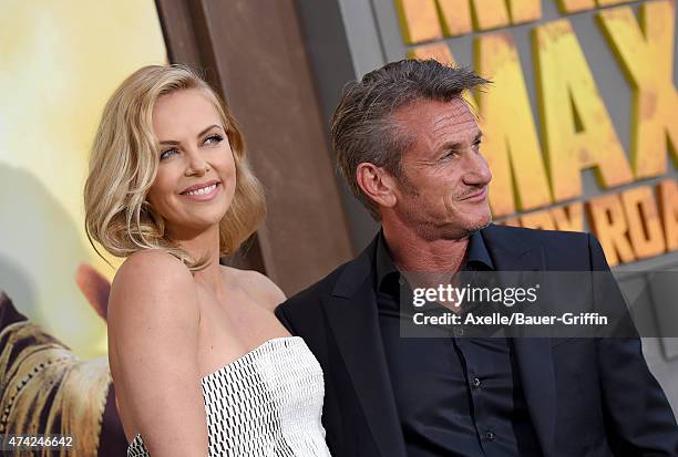 Actors Charlize Theron and Sean Penn arrive at the Los Angeles premiere of 'Mad Max: Fury Road' at TCL Chinese Theatre IMAX on May 7, 2015 in...