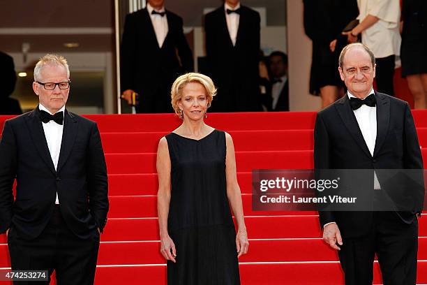 Thierry Fremaux, Frederique Bredin and Pierre Lescure attend the "Dheepan" premiere during the 68th annual Cannes Film Festival on May 21, 2015 in...