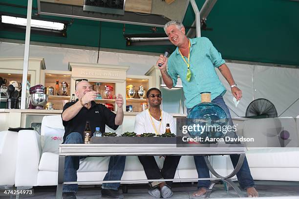 David Simon, Lolis Elie, and Chef Anthony Bourdain speak onstage at the KitchenAid® Culinary Demonstrations during the Food Network South Beach Wine...