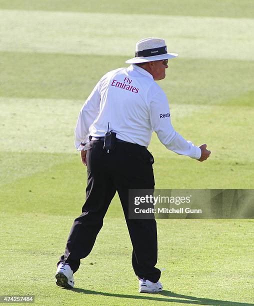 Umpire Marais Erasmus celebrates getting a decision review correct during the England v New Zealand 1st Investec Test match, day one at Lords Cricket...