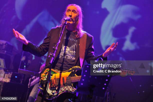 Dave Brock of Hawkwind performs on stage during the Rock 4 Rescue charity concert at Shepherds Bush Empire on February 22, 2014 in London, United...