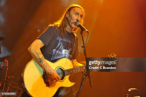 Dave Brock of Hawkwind performs on stage during the Rock 4 Rescue charity concert at Shepherds Bush Empire on February 22, 2014 in London, United...
