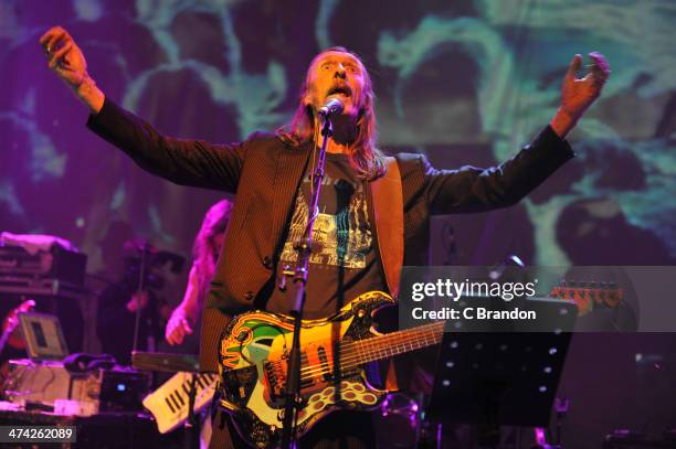 Dave Brock of Hawkwind performs on stage during the Rock 4 Rescue charity concert at Shepherds Bush Empire on February 22, 2014 in London, United...
