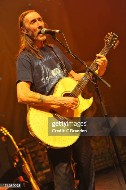 Dave Brock of Hawkwind performs on stage during the Rock 4 Rescue charity concert at Shepherds Bush Empire on February 22, 2014 in London, United...