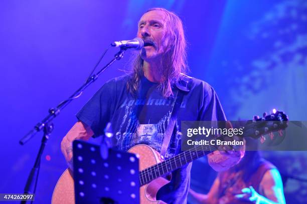 Dave Brock of Hawkwind performs on stage during the Rock 4 Rescue charity concert at Shepherds Bush Empire on February 22, 2014 in London, United...