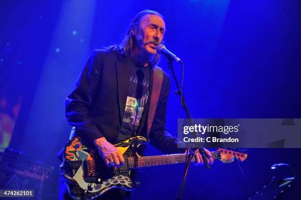 Dave Brock of Hawkwind performs on stage during the Rock 4 Rescue charity concert at Shepherds Bush Empire on February 22, 2014 in London, United...