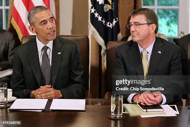 President Barack Obama makes a brief statment to the news media during a meeting with his cabinet with Defense Secretary Ashton Carter at the White...