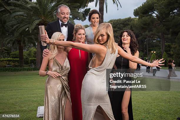 Models Lara Stone, Doutzen Kroes, President of l'Oreal Cyril Chapuy, Actress Eva Longoria, Models Karlie Kloss and Isabeli Fontana attend amfAR's...