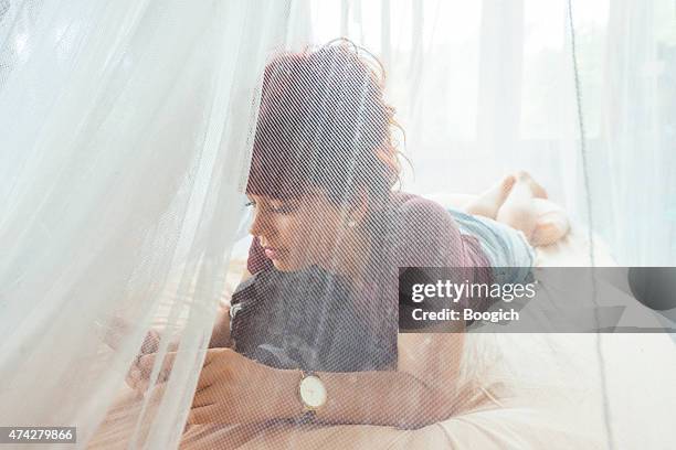 traveling woman on mobile phone in bed with mosquito netting - mosquito netting stock pictures, royalty-free photos & images