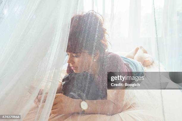 traveling woman on mobile phone in bed with mosquito netting - netting 個照片及圖片檔